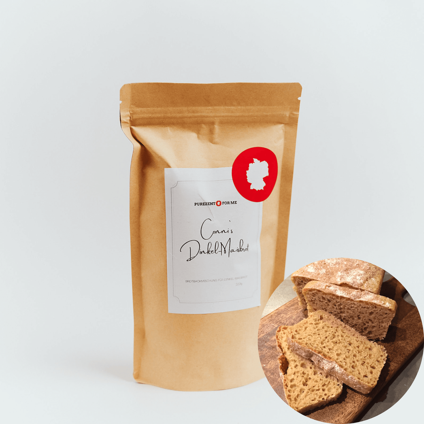 Connies spelt corn bread Product packaging with bread baking mixture purezento for me website www.purezentoforme.com