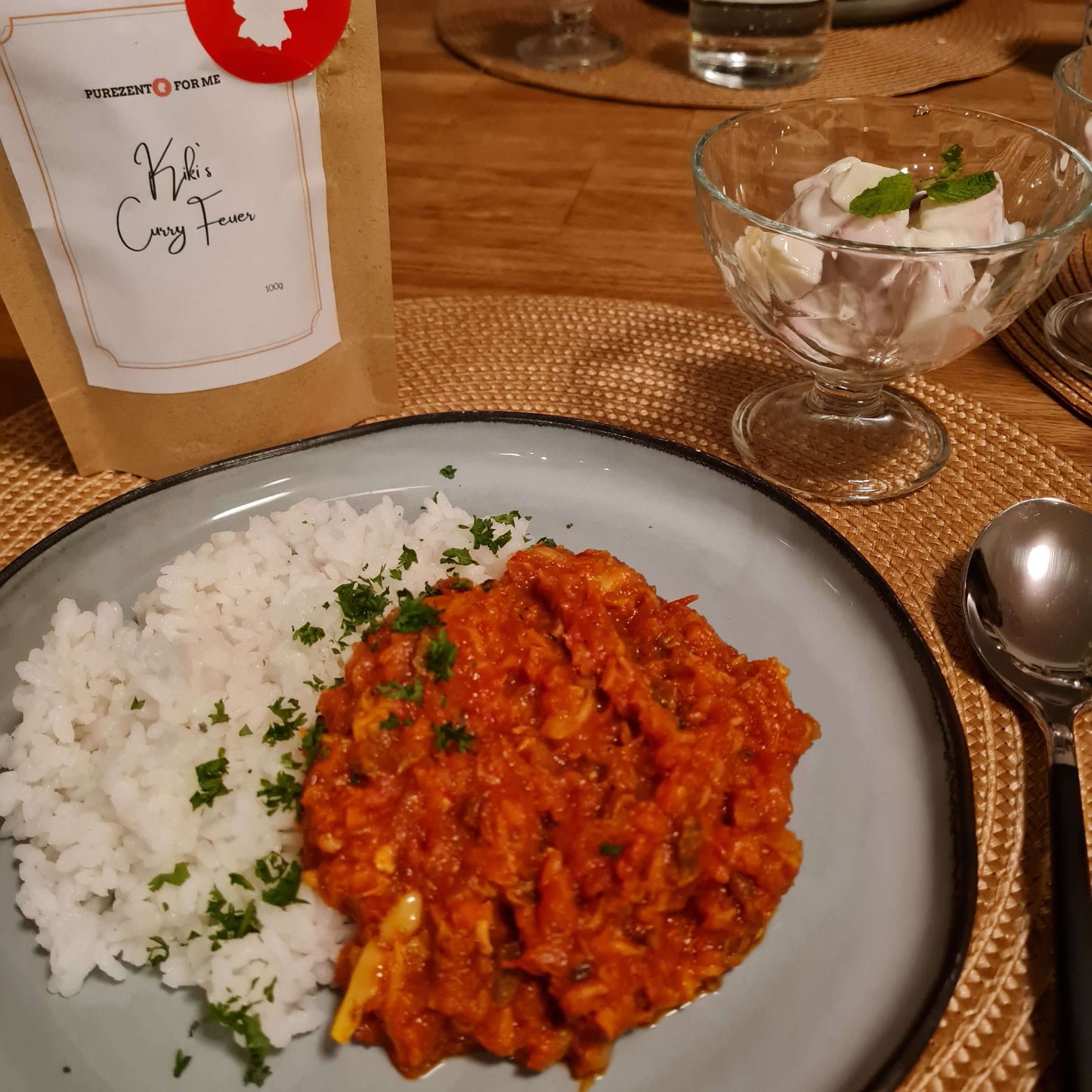 Kiki curry fire Product packaging rice and curry on plate purezento for me website www.purezentoforme.com