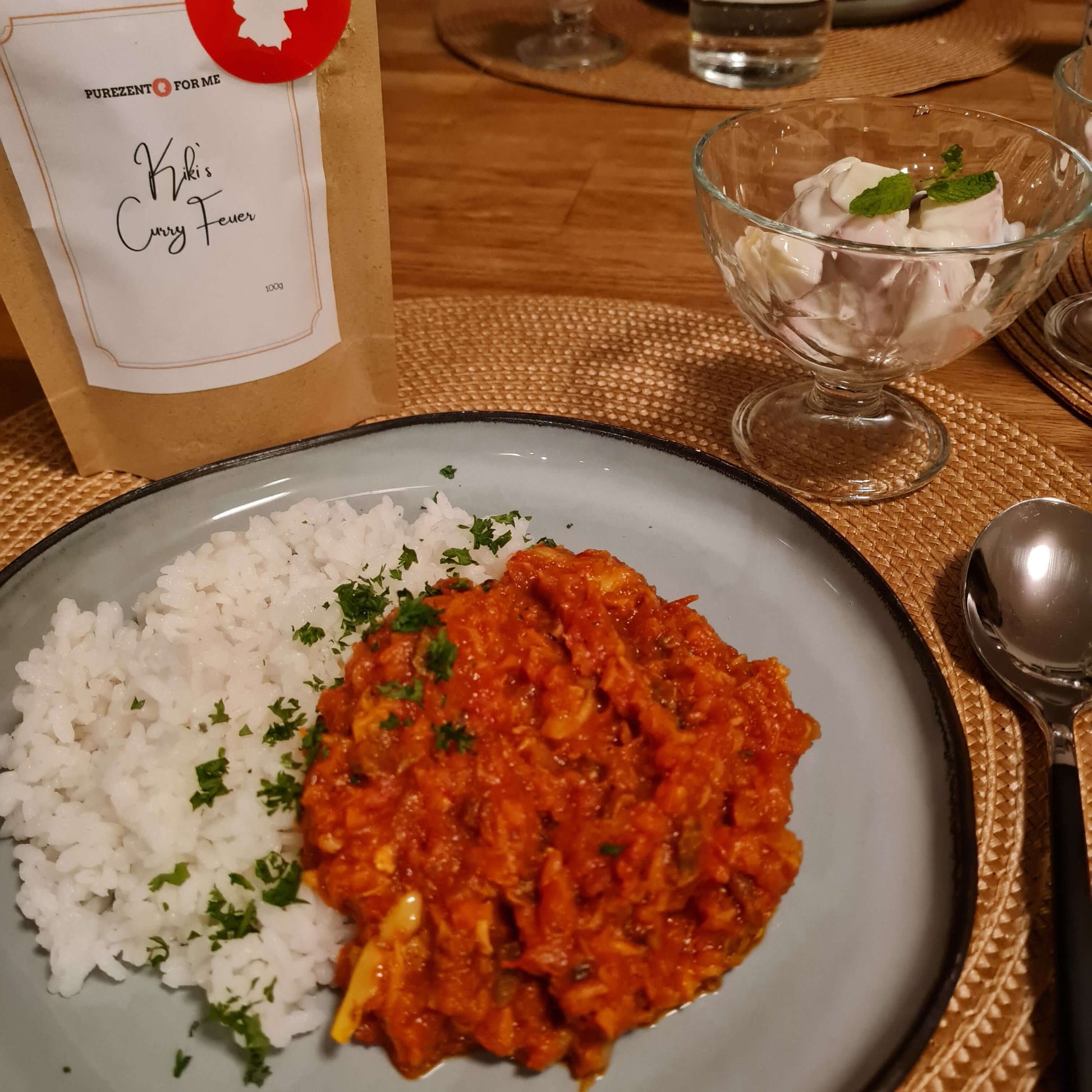 Kiki curry fire Product packaging rice and curry on plate purezento for me website www.purezentoforme.com