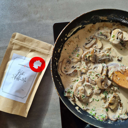 Kiki pepper mix Product packaging with mushroom sauce in pan purezento for me website www.purezentoforme.com