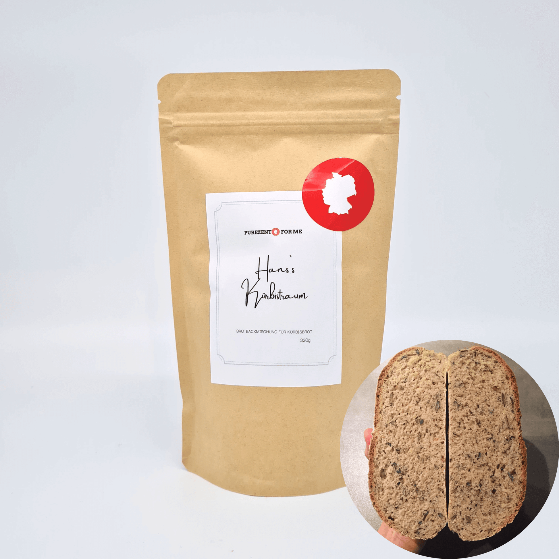 hans pumpkin bread Product packaging with bread baking mixture purezento for me website www.purezentoforme.com