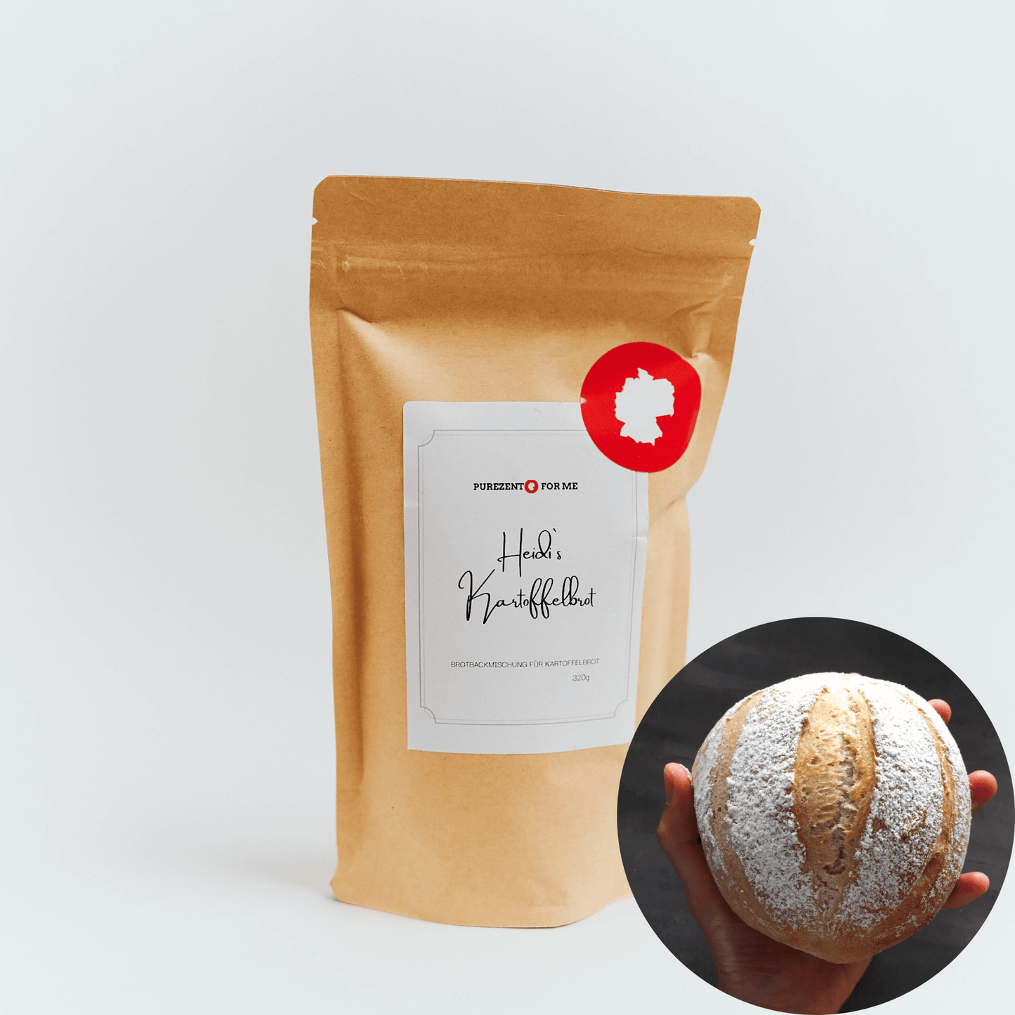 heidis potato bread Product packaging with bread baking mixture purezento for me website www.purezentoforme.com