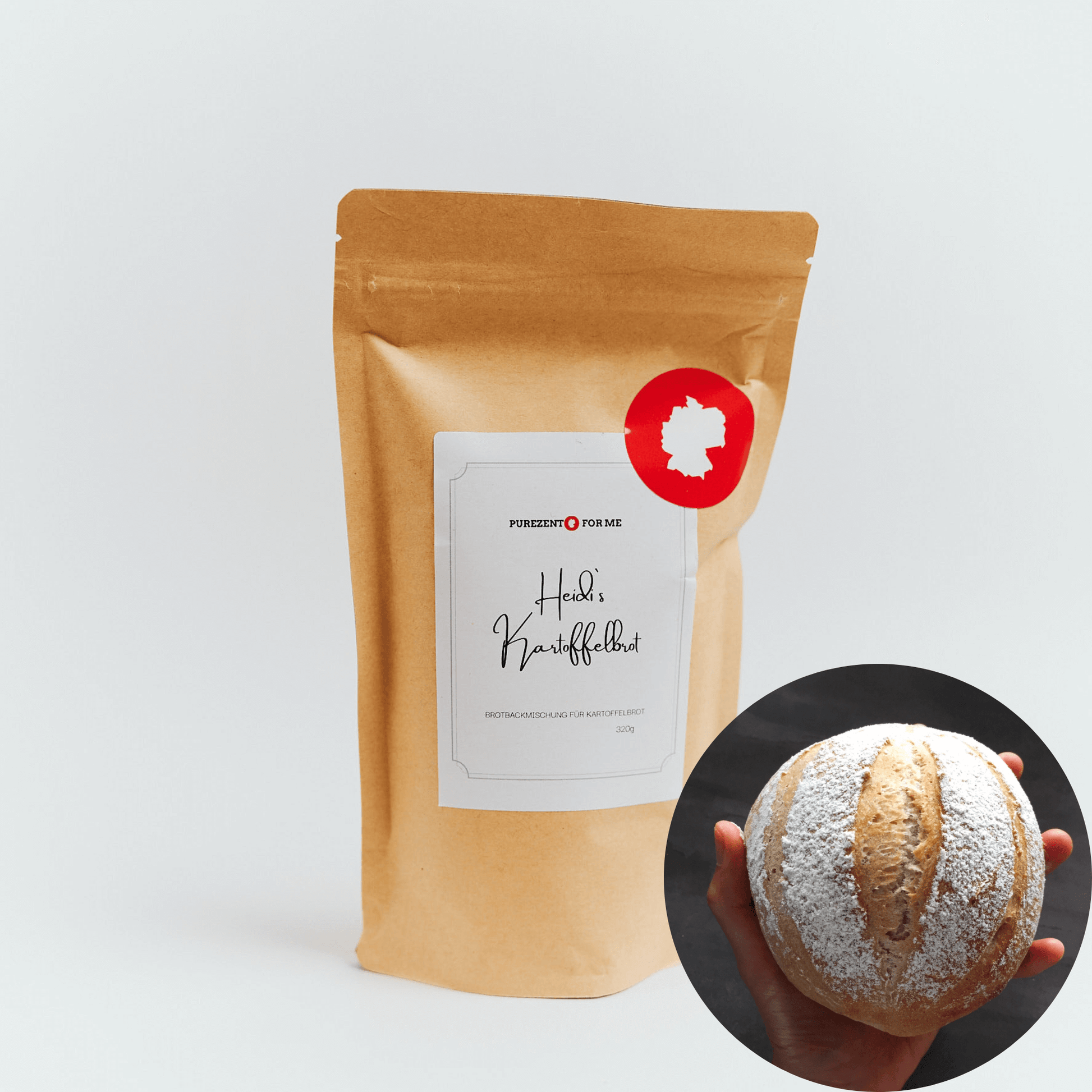 heidis potato bread Product packaging with bread baking mixture purezento for me website www.purezentoforme.com