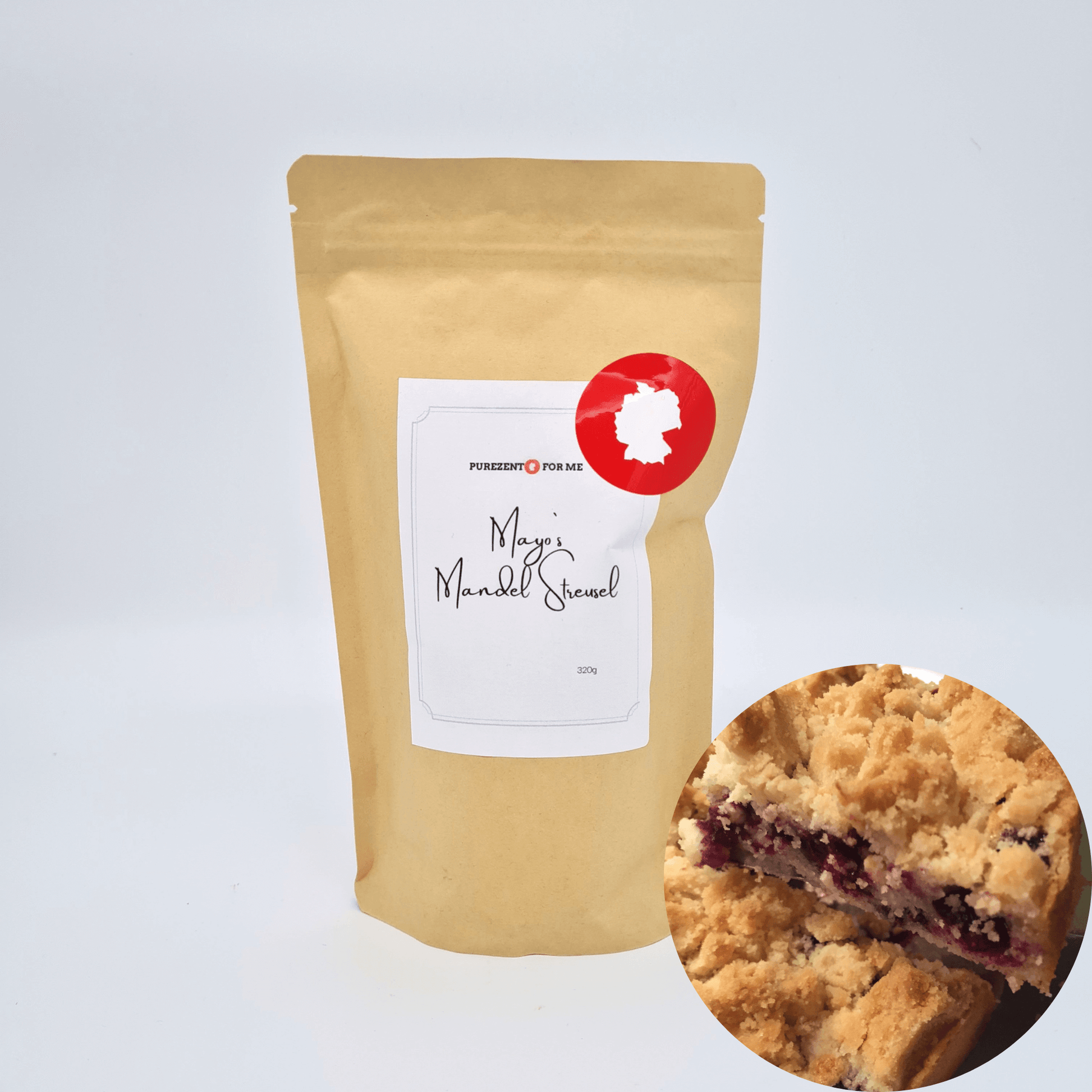 mayos almond crumble Product packaging with bread baking mixture purezento for me website www.purezentoforme.com