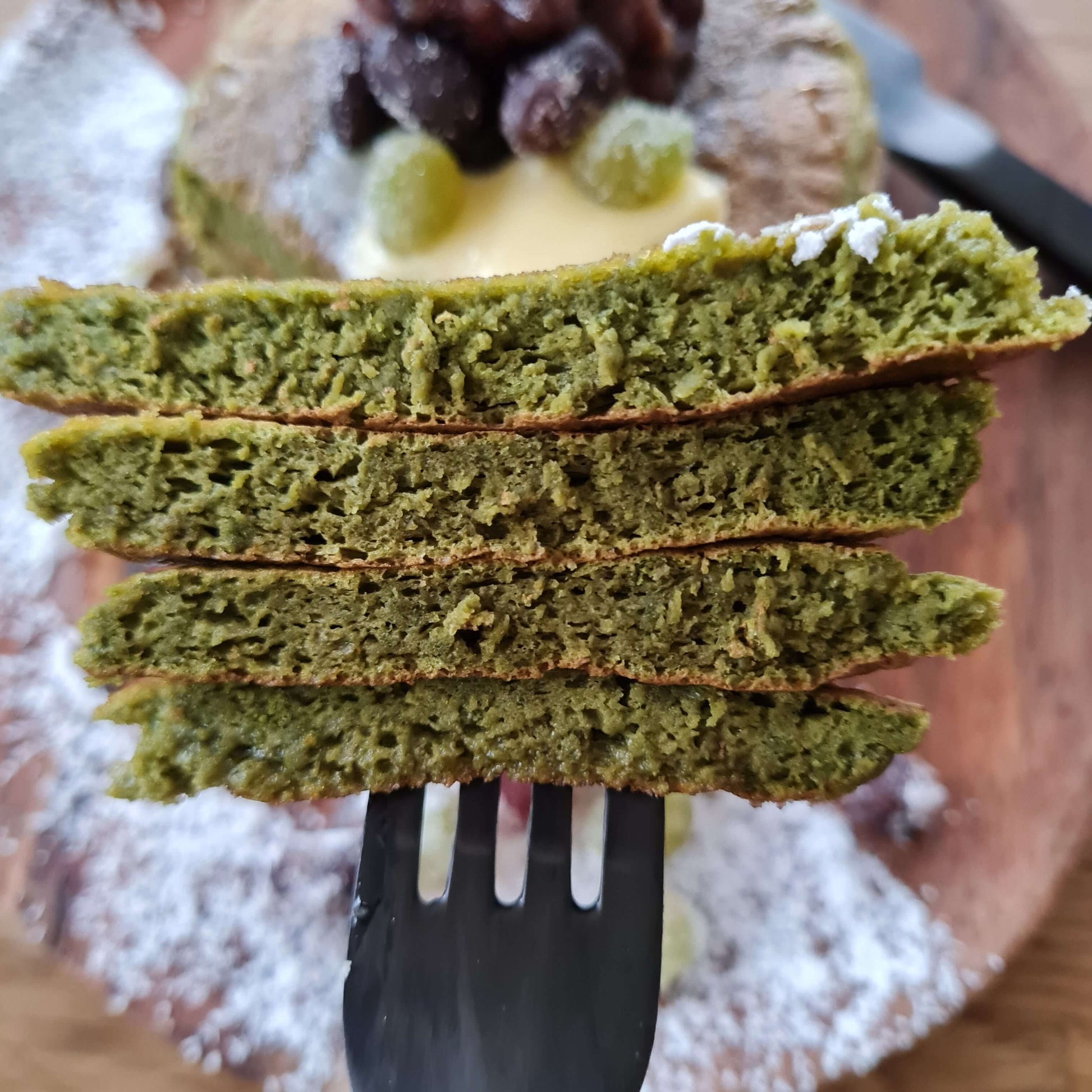 rainbow pancakes matcha green Product packaging with natural colored pancake baking mixture green pancakes on plate 2 purezento for me website www.purezentoforme.com