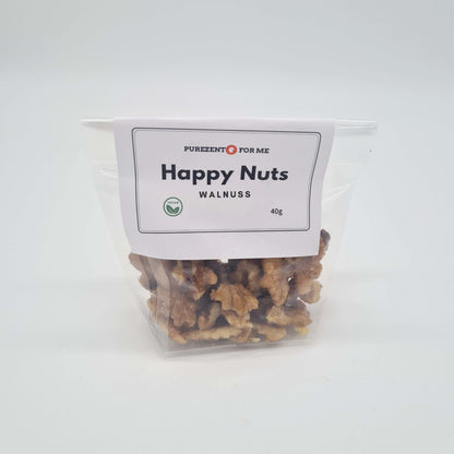 happy nuts caramelized walnuts in blister product packaging front purezento for me website www.purezentoforme.com